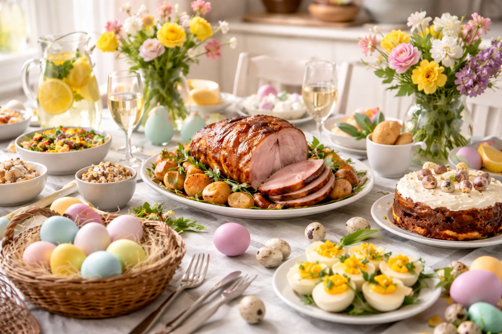 Festive Easter table with roast ham, eggs, salads and colourful dishes, showing a traditional holiday meal setup with multiple food options