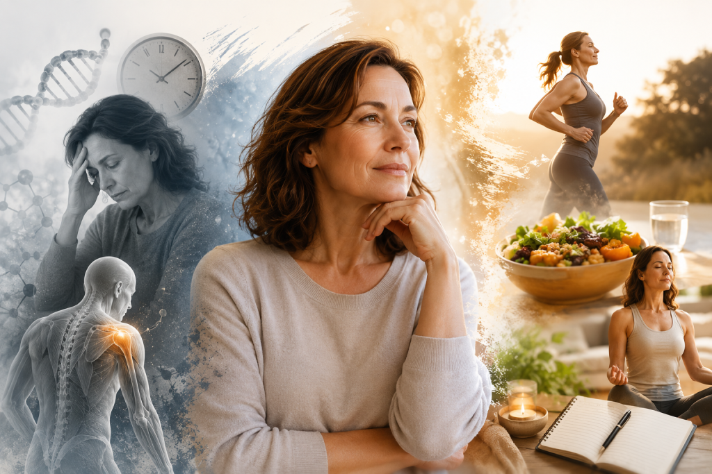 Conceptual horizontal blog illustration showing a woman over 40 transitioning from stress and fatigue to a healthier, balanced lifestyle through exercise, nutritious food, mindfulness, and self-care. The image blends wellness, ageing, fitness, and healthy habits in a warm, modern visual style.