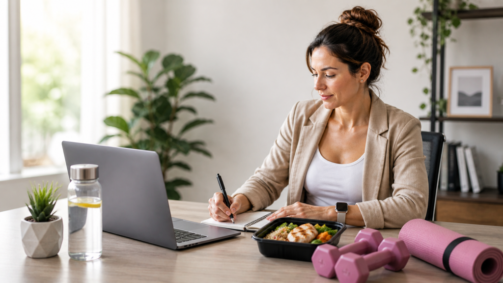 Woman over 35 staying active while working a desk job, with laptop, healthy lunch, and fitness equipment in a home office