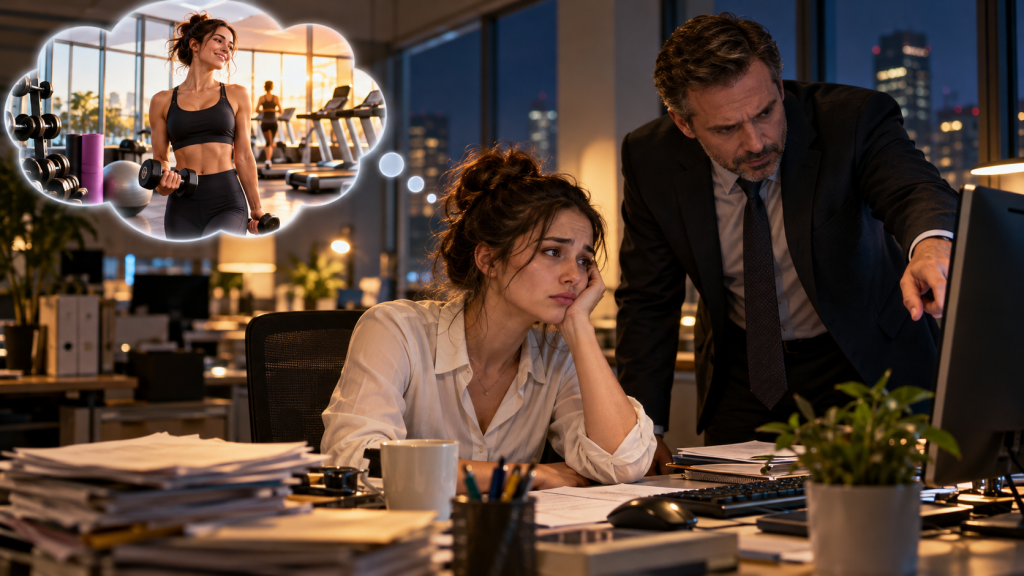 A tired office worker dreams of going to the gym while her boss assigns more work, illustrating how busy schedules can disrupt fitness routines.